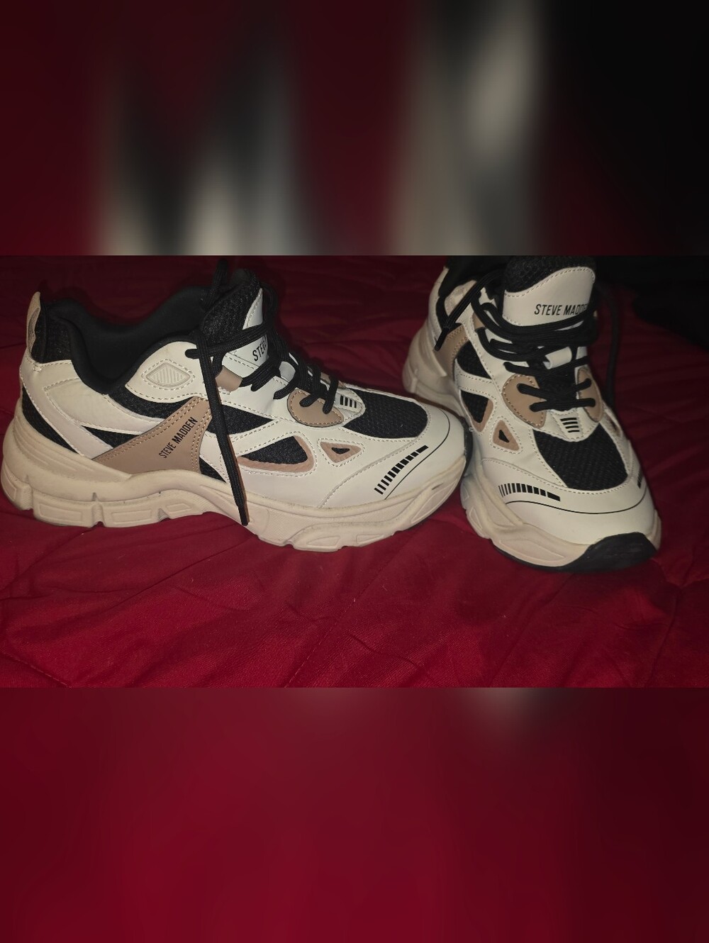 Steve Madden Multi-Panel Athletic Sneakers in White, Black & Beige